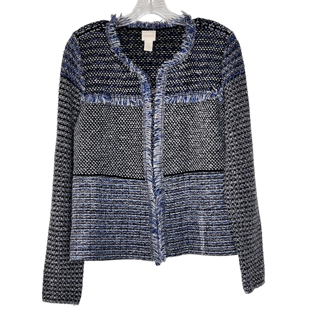 CHICO'S Franklin Fringe Open Front Blue Sweater Cardigan Blazer Size 1 -Medium 8